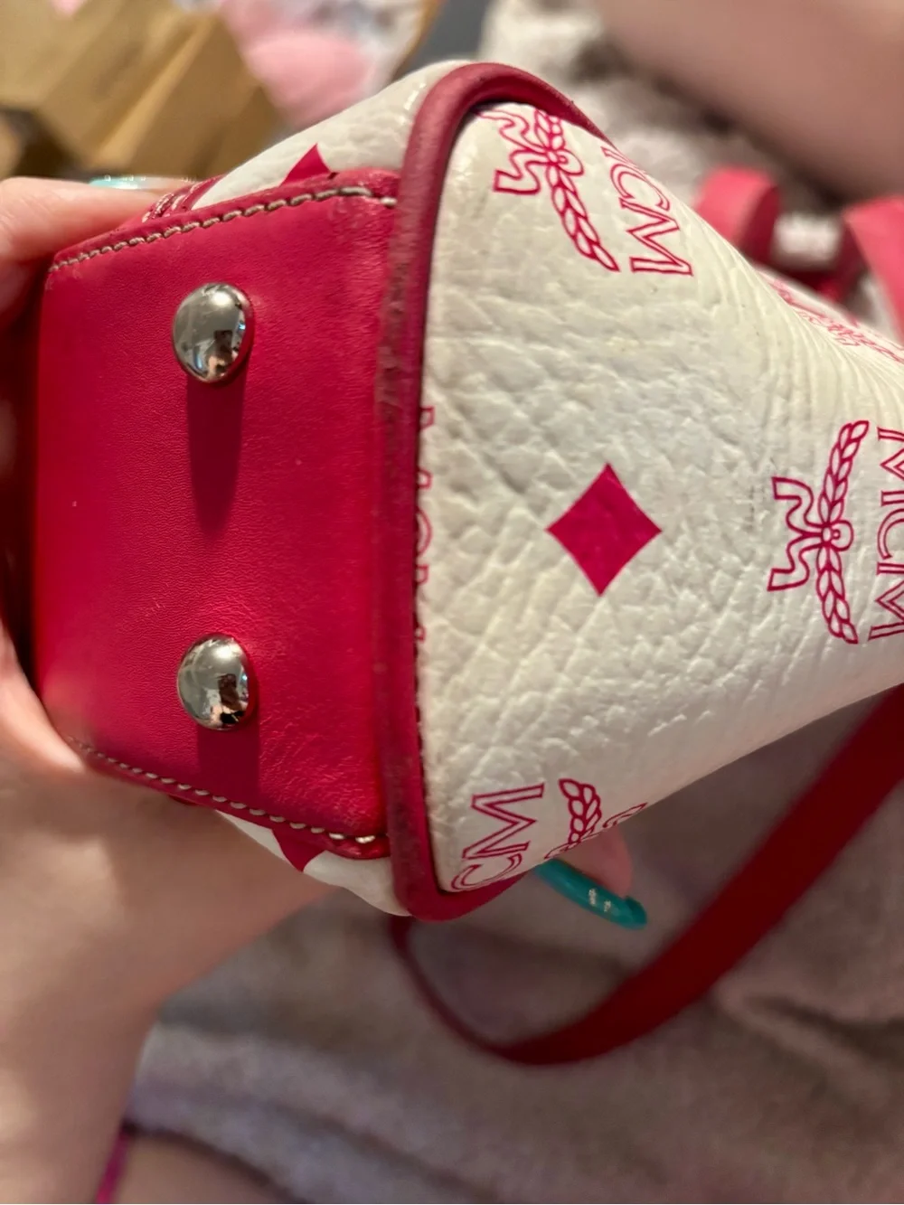 RARE MCM White & Pink Visetos & Leather Vertical Tote Bag